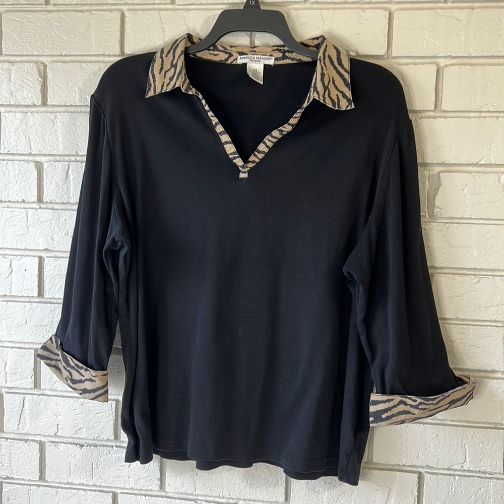 Woman’s 2X Black 3/4 Sleeve V-Neck Shirt with cheetah trim. REBECCA MALONE